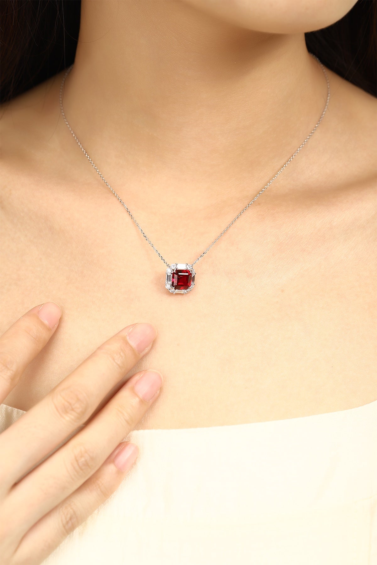 PT950 3.39ct ASSCHER Cut Lab Grown Ruby Treasure Necklace