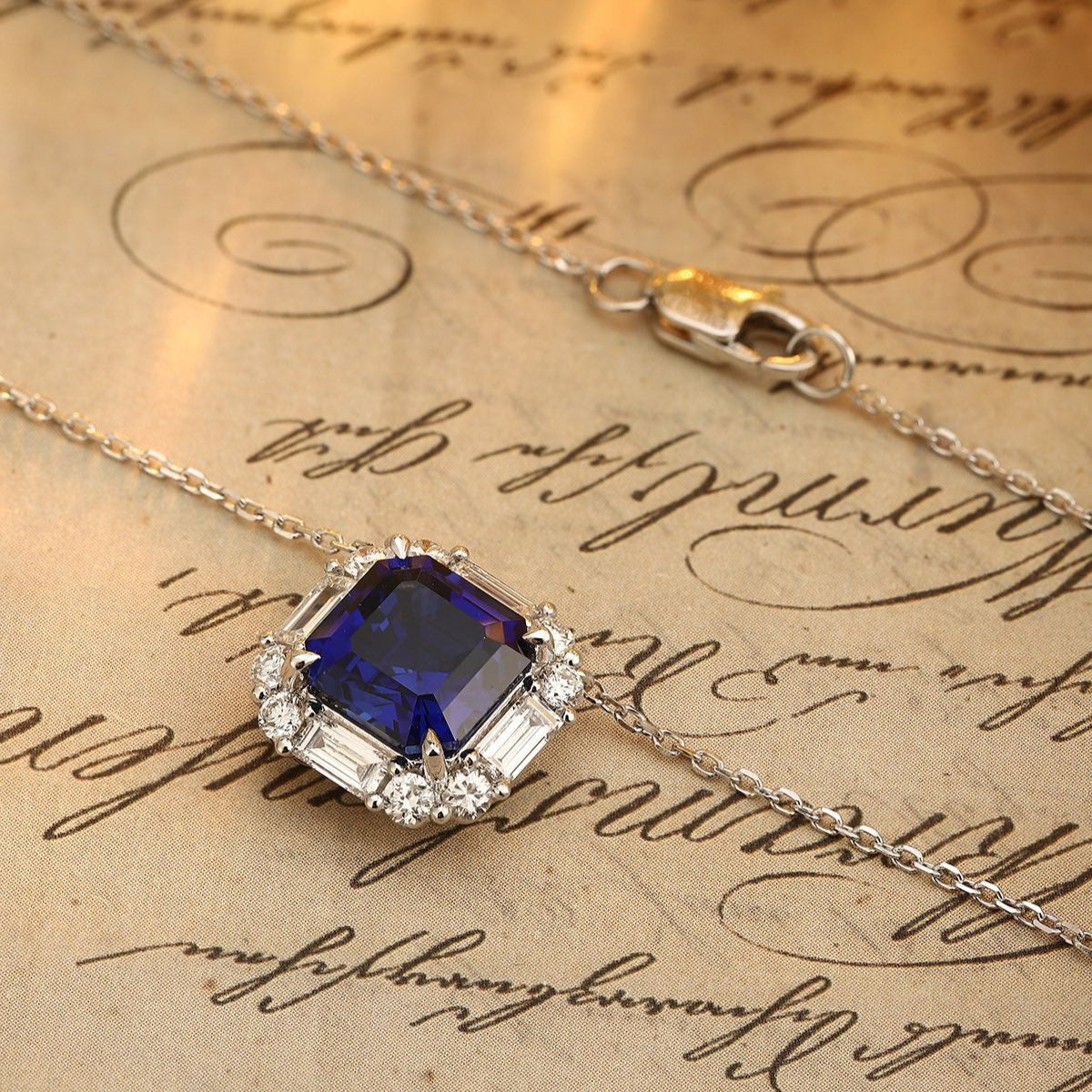 PT950 3.18ct ASSCHER Cut Lab Grown Blue Treasure Necklace