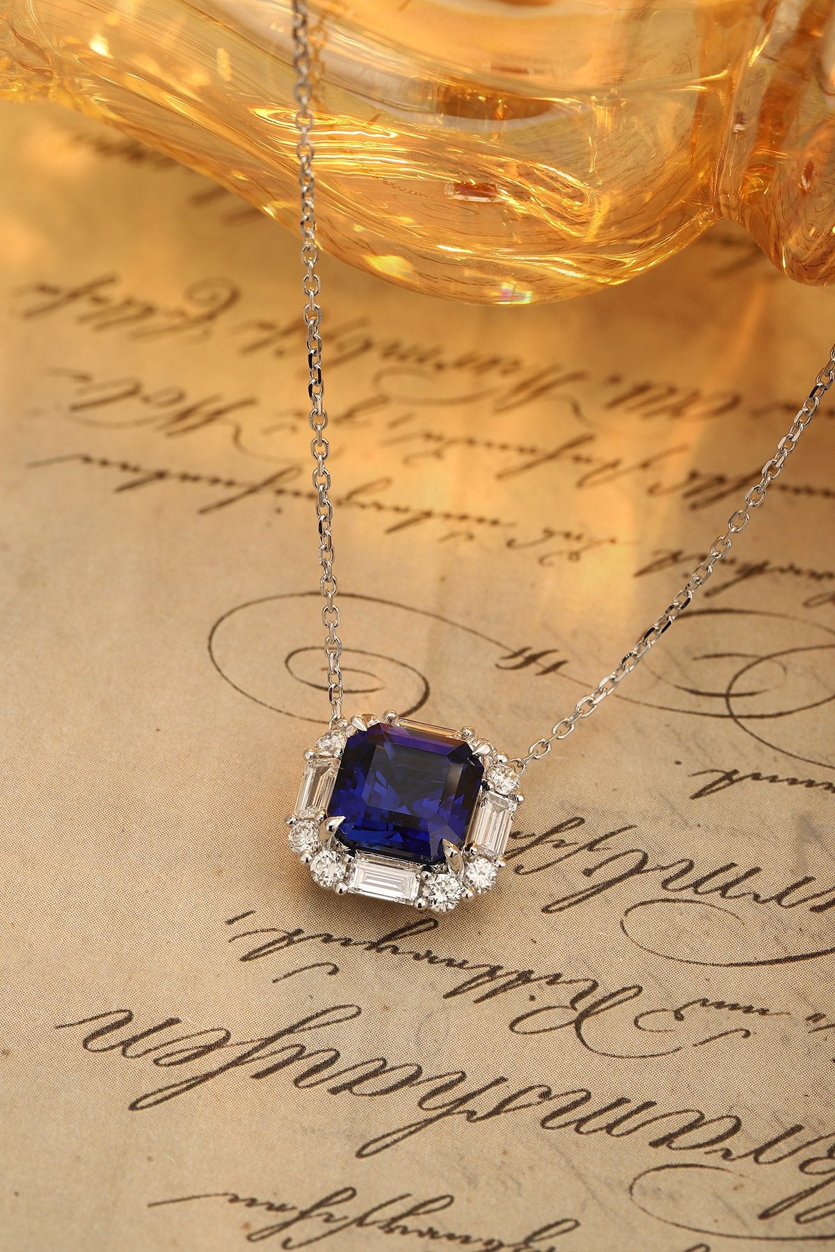 PT950 3.18ct ASSCHER Cut Lab Grown Blue Treasure Necklace
