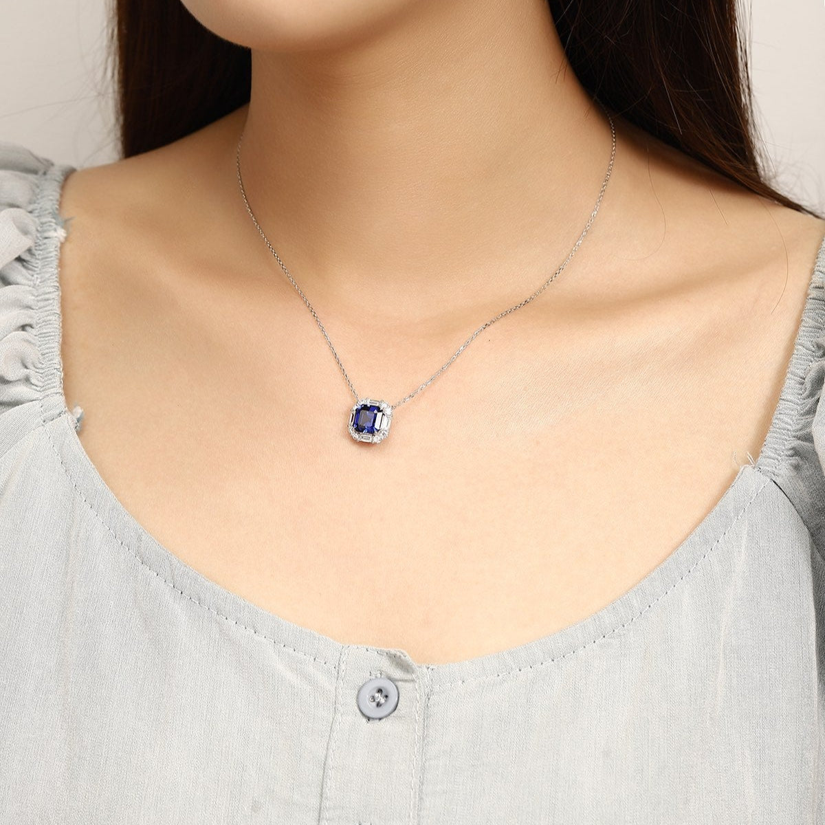 PT950 3.18ct ASSCHER Cut Lab Grown Blue Treasure Necklace
