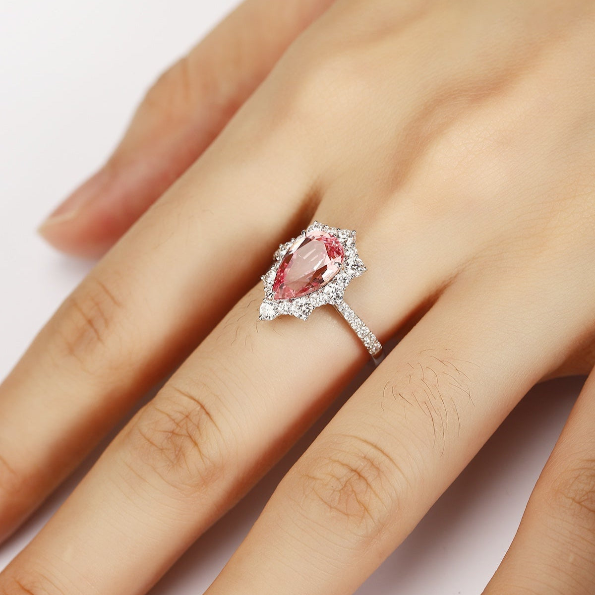 PT950 2.9ct Pear Cut Lab Grown Morganite Ring