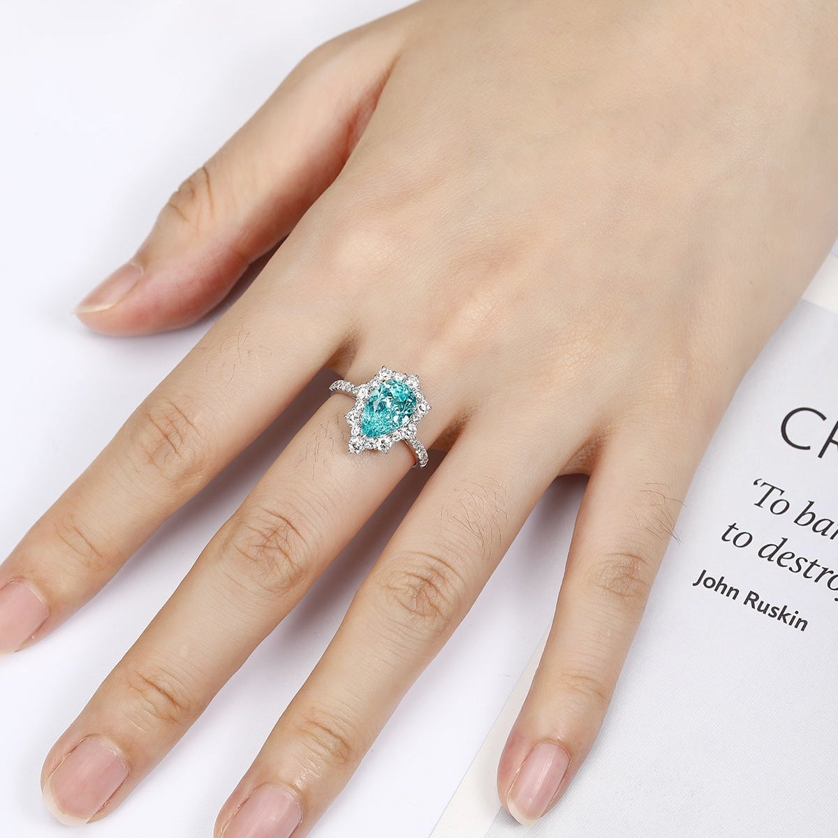 PT950 4.21ct Pear Shaped Lab Grown Paraiba Ring