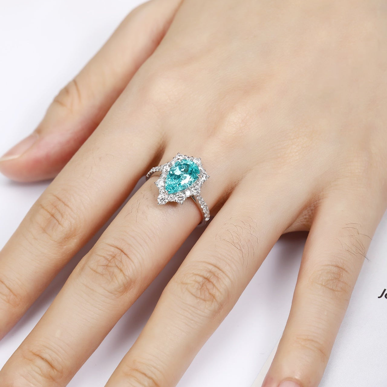 PT950 4.21ct Pear Shaped Lab Grown Paraiba Ring