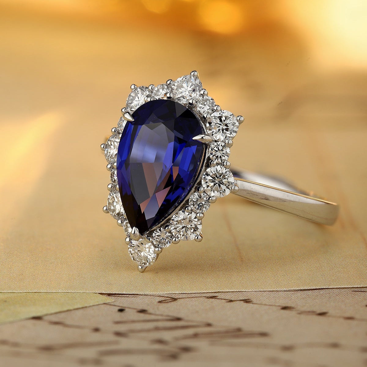 PT950 2.95ct Pear Shaped Lab Grown Blue Treasure Ring