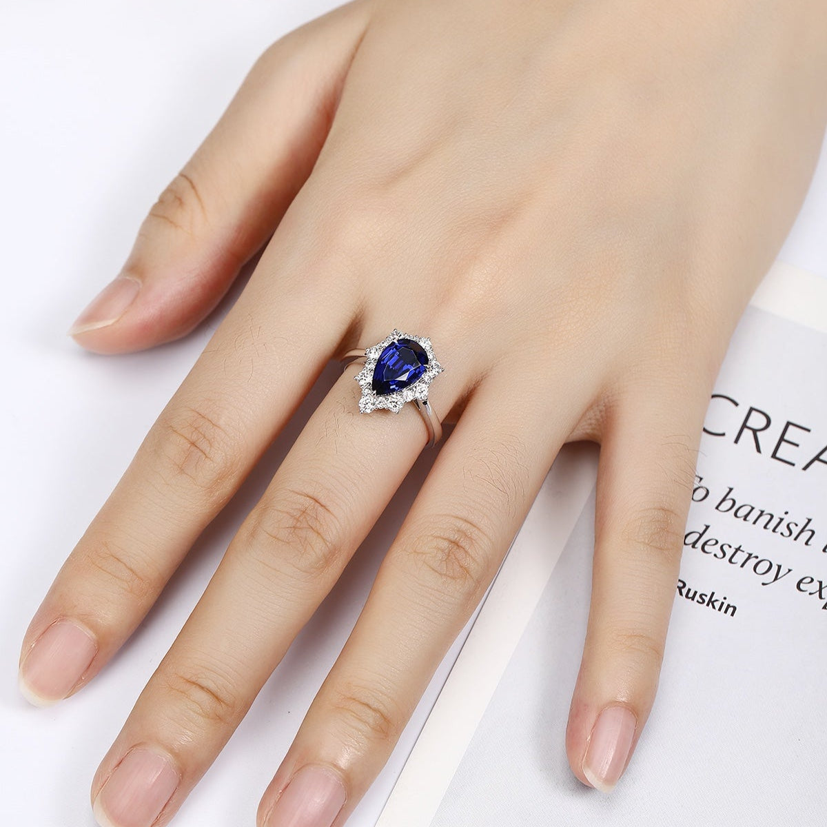 PT950 2.95ct Pear Shaped Lab Grown Blue Treasure Ring