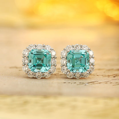 PT950 5.91ct Lab Grown Paraiba ASSCHER Cut Earrings