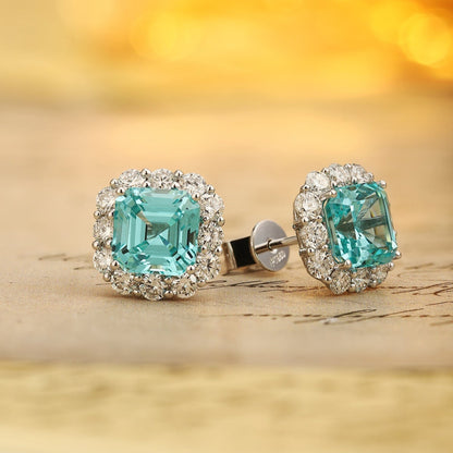 PT950 5.91ct Lab Grown Paraiba ASSCHER Cut Earrings