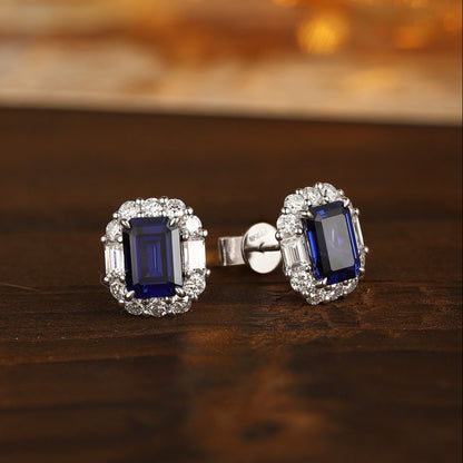 PT950 2.59ct Emerald Cut Lab Grown Blue Treasure Earrings