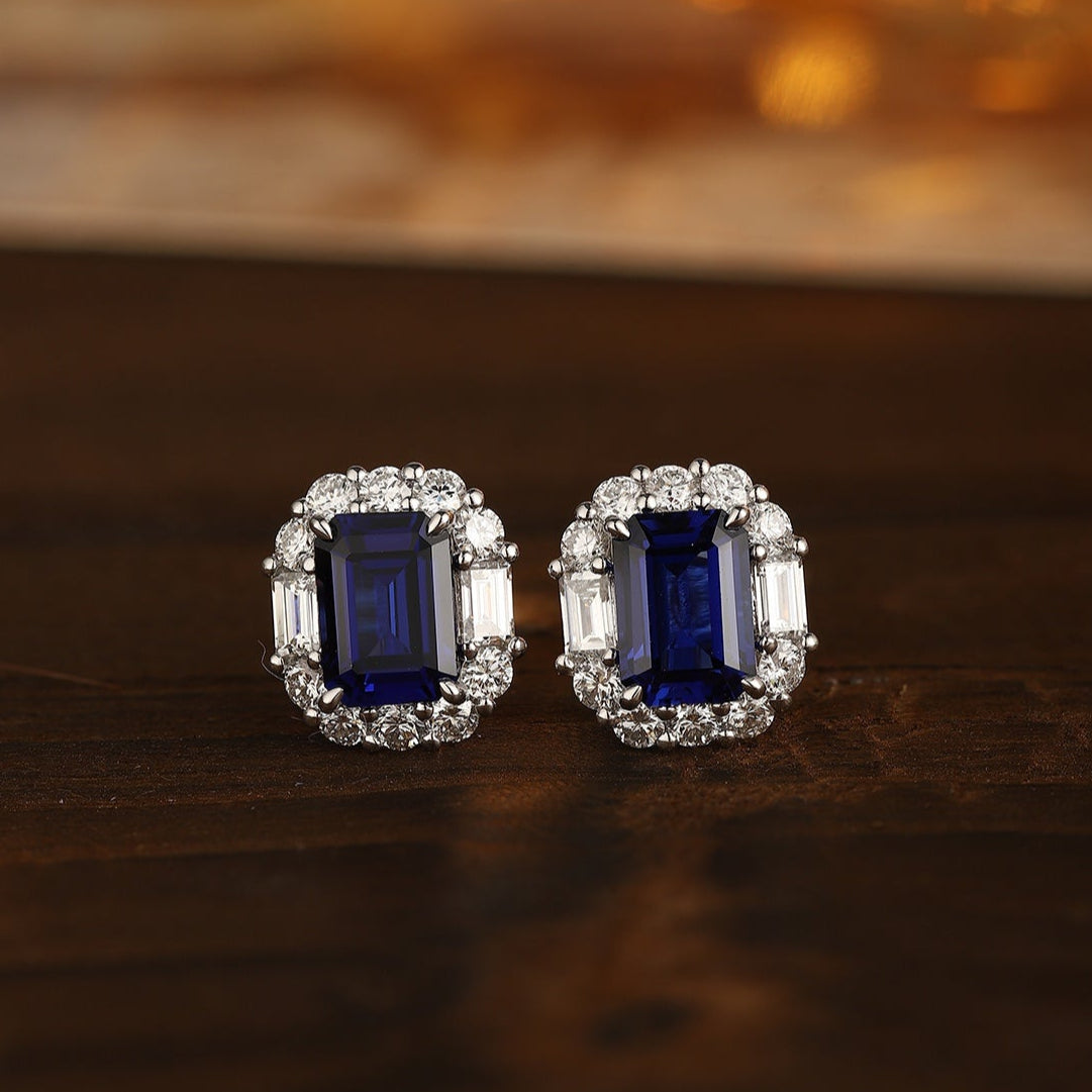 PT950 2.59ct Emerald Cut Lab Grown Blue Treasure Earrings