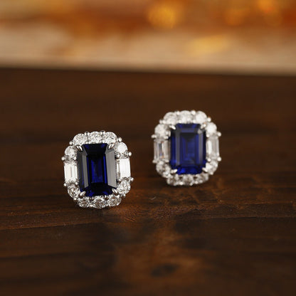 PT950 2.59ct Emerald Cut Lab Grown Blue Treasure Earrings