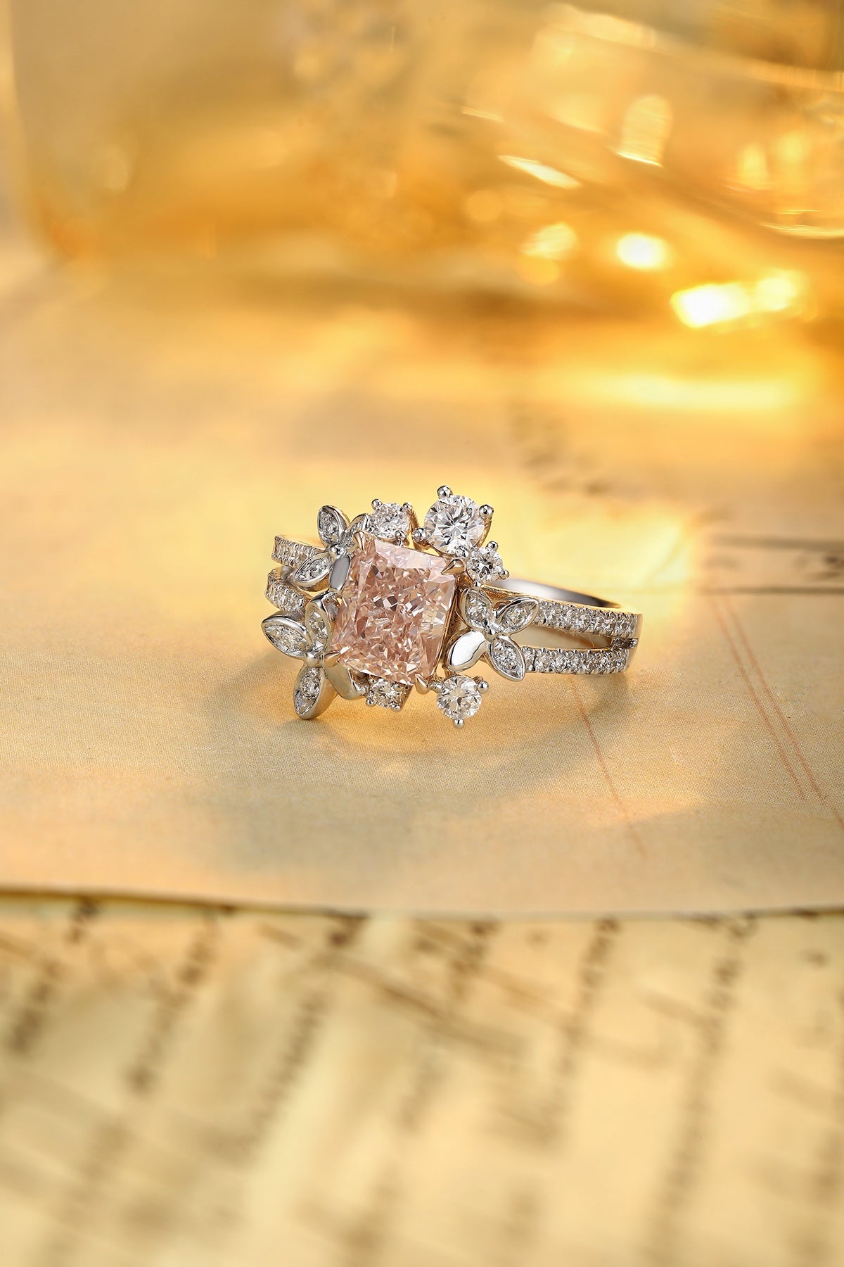 PT950 1.32ct Radiant Cut Lab Grown Pink Color Diamonds Ring