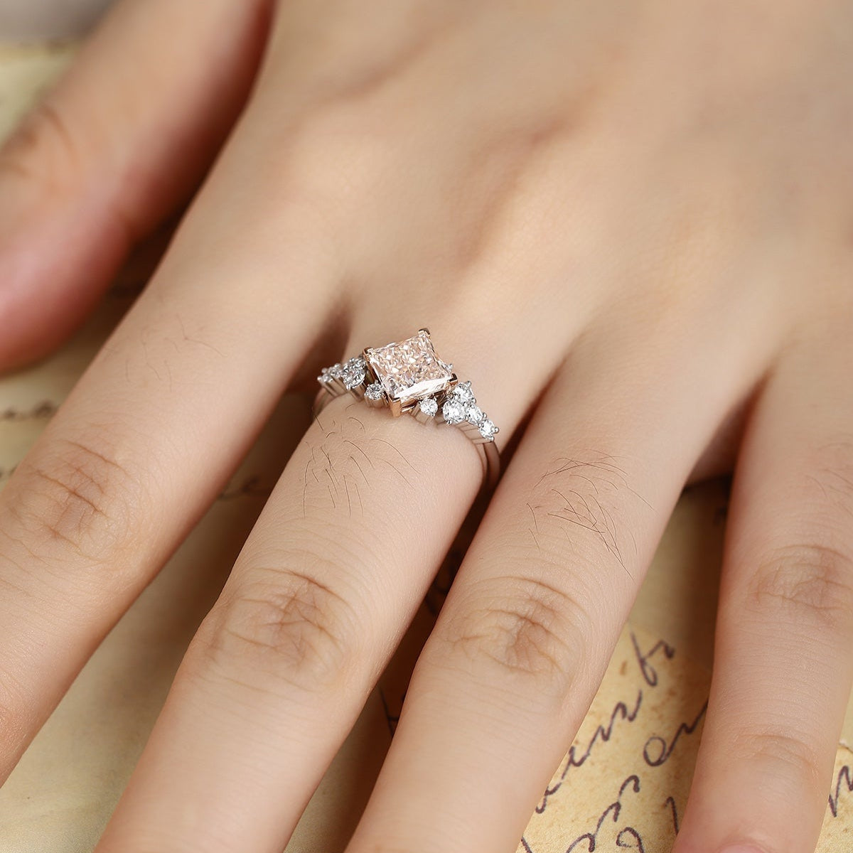 PT950 1.50ct Lab Grown Pink Color Diamonds Princess Cut Ring