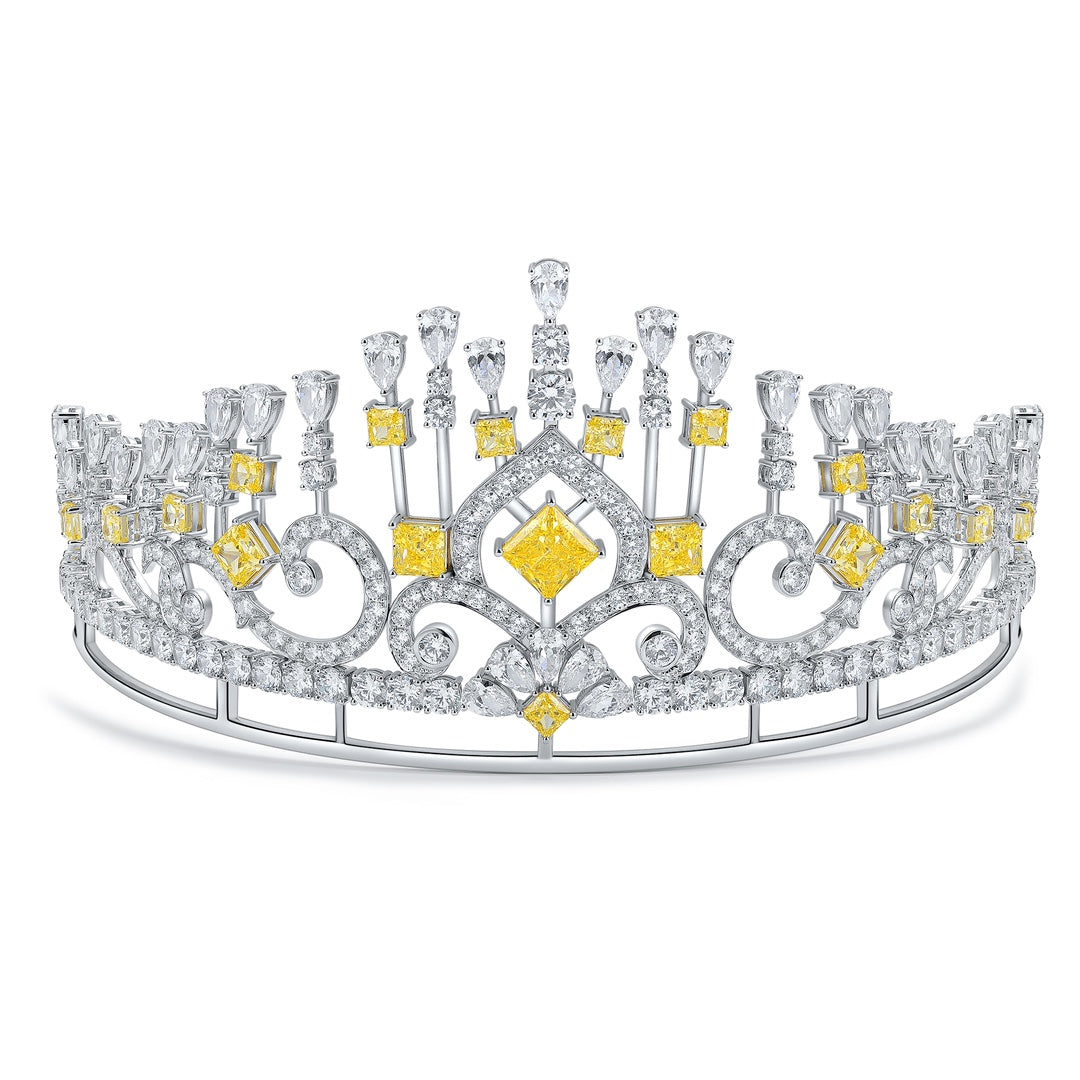 S925 Silver Yellow Sparkling Diamond Zircon Princess Square Crown W