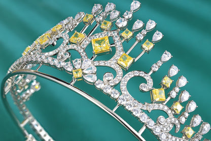 S925 Silver Yellow Sparkling Diamond Zircon Princess Square Crown W