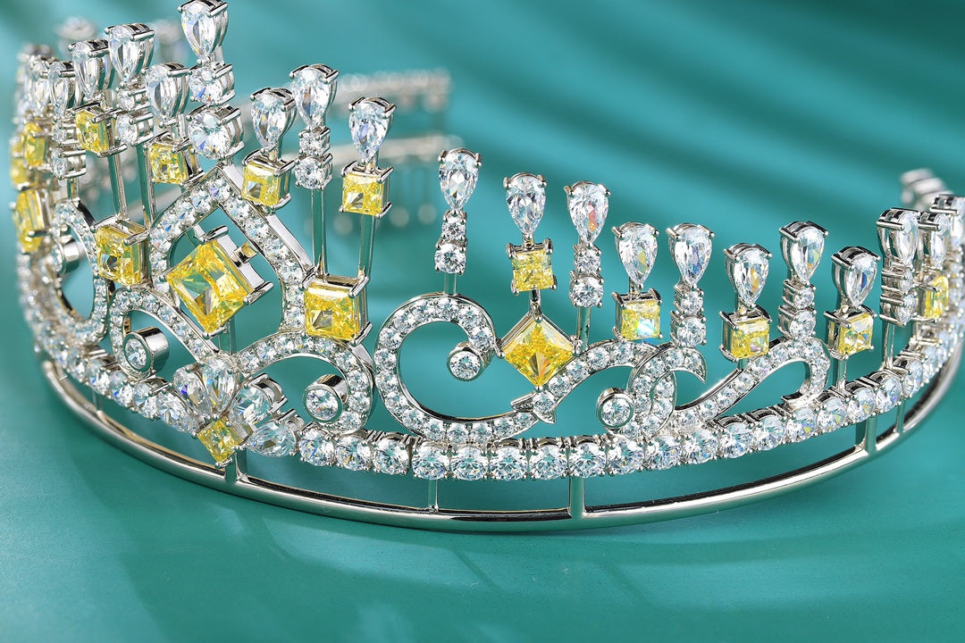 S925 Silver Yellow Sparkling Diamond Zircon Princess Square Crown W