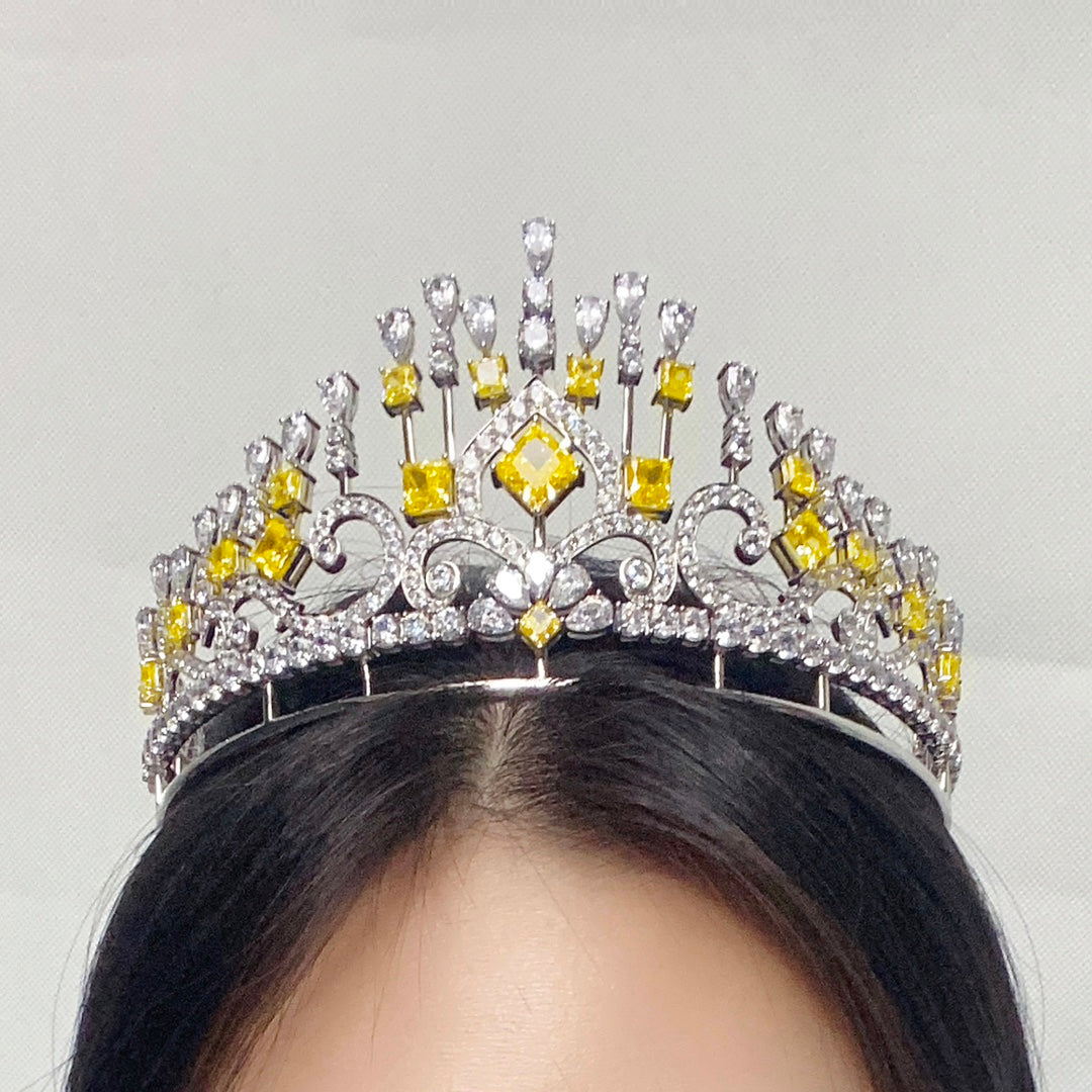S925 Silver Yellow Sparkling Diamond Zircon Princess Square Crown W