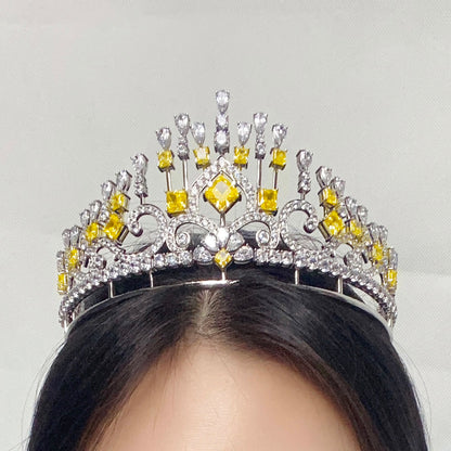S925 Silver Yellow Sparkling Diamond Zircon Princess Square Crown W