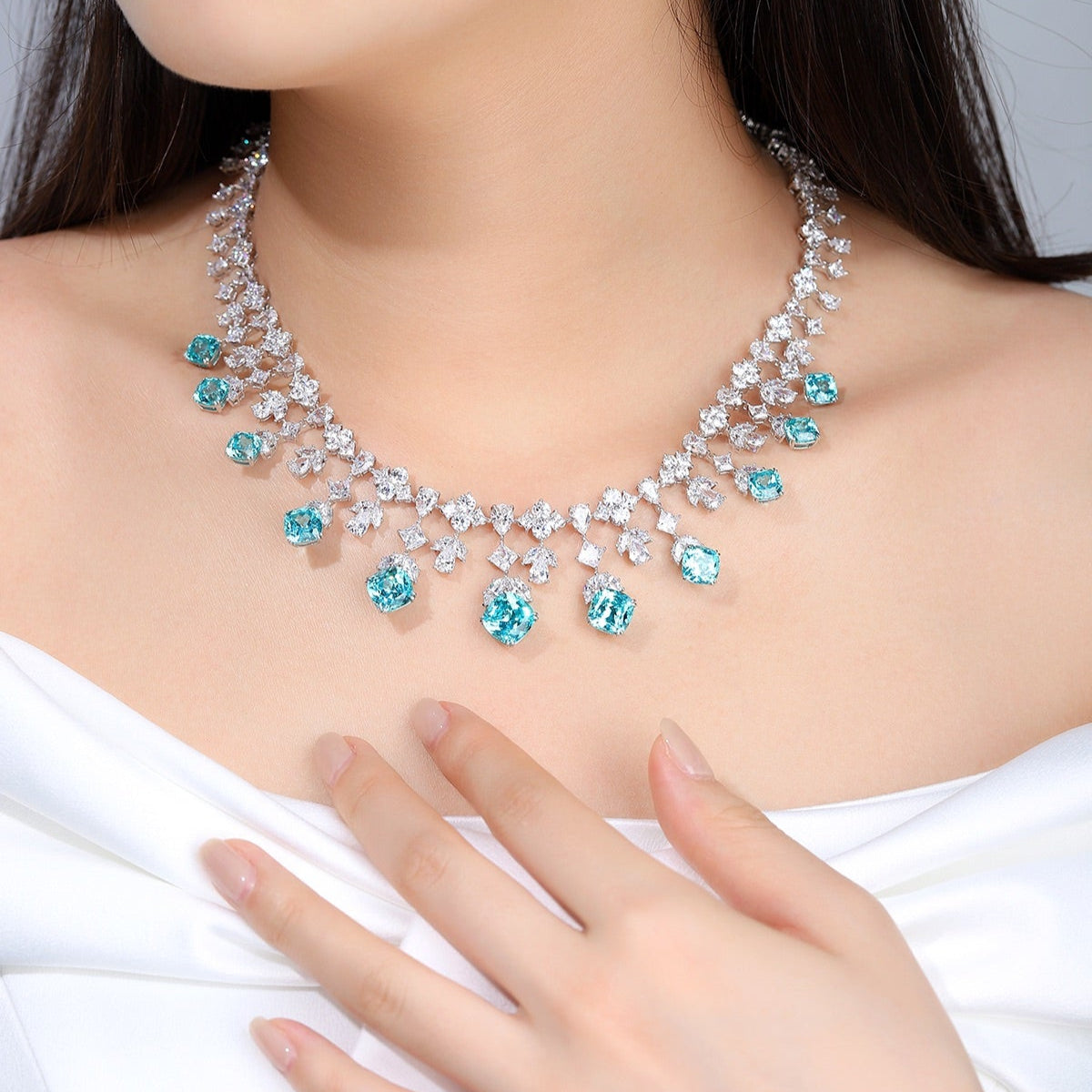 S925 Silver 44.26ct Lab Grown Paraiba Luxury Large Chain Set