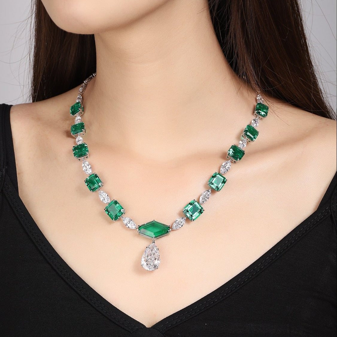 S925 Silver 61.68ct Lab Grown Emerald Necklace W