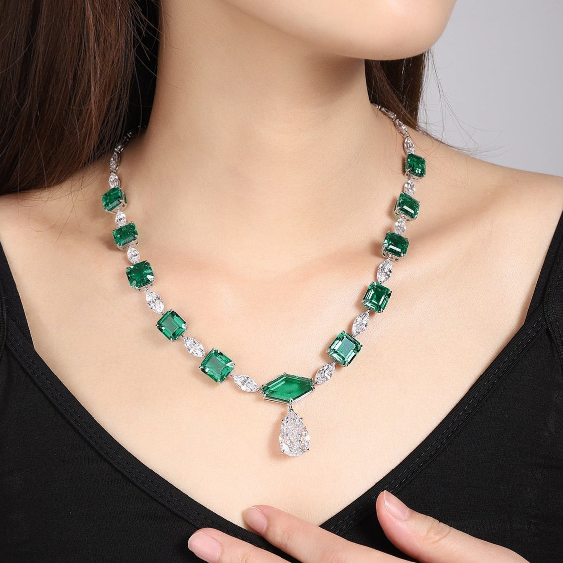 S925 Silver 61.68ct Lab Grown Emerald Necklace W