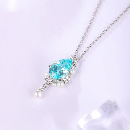 S925 Silver 5.03ct Lan Grown Paraiba & Pearl Necklace W