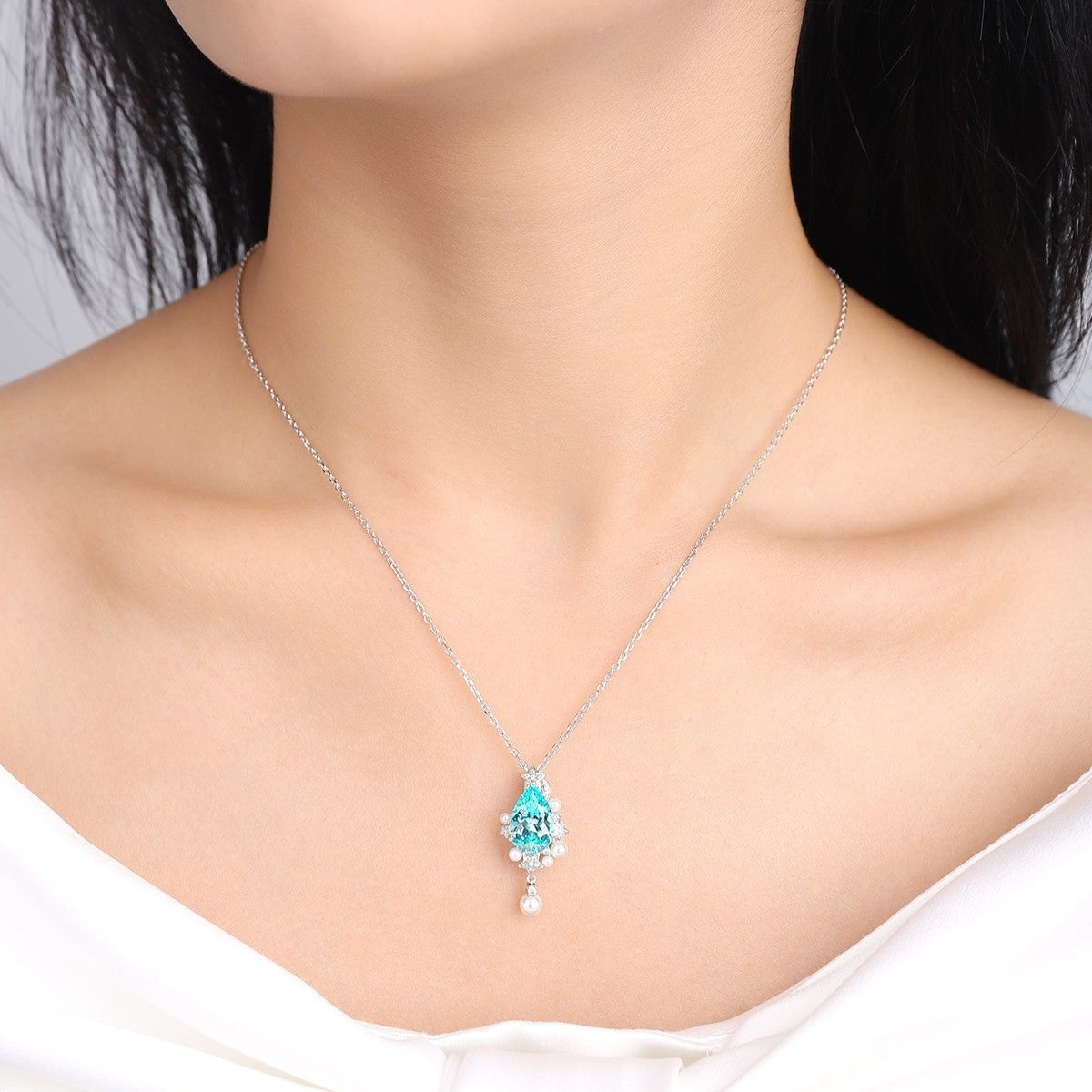 S925 Silver 5.03ct Lan Grown Paraiba & Pearl Necklace W