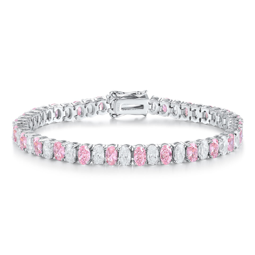 S925 Silver Powder White Sparkling Diamond Zircon Oval Shaped Bracelet W