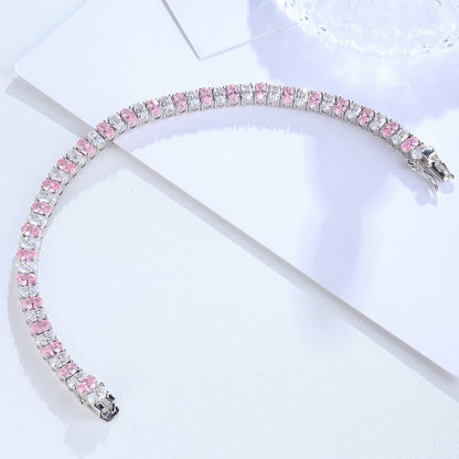 S925 Silver Powder White Sparkling Diamond Zircon Oval Shaped Bracelet W