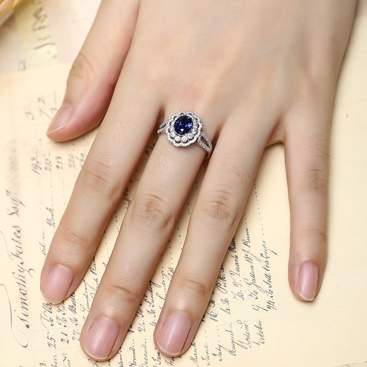PT950 1.61ct Oval Shape Lab Grown Blue Treasure Ring