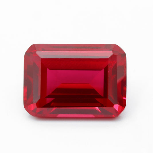 Flame Melted Emerald Cut Lab Grown Ruby