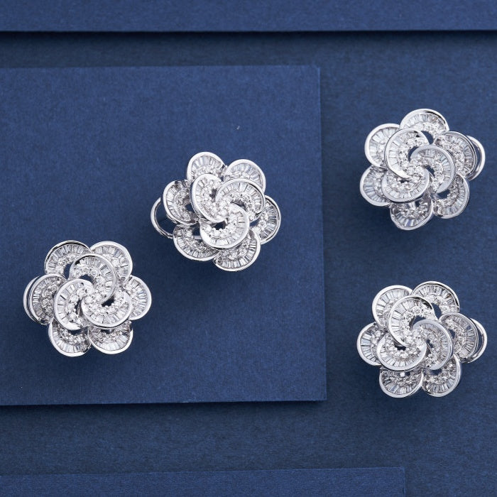 14K Lab Grown Diamond Double layered T-flower Earrings