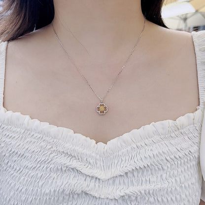 Yellow Diamond Round Diamond Four Leaf Pendant