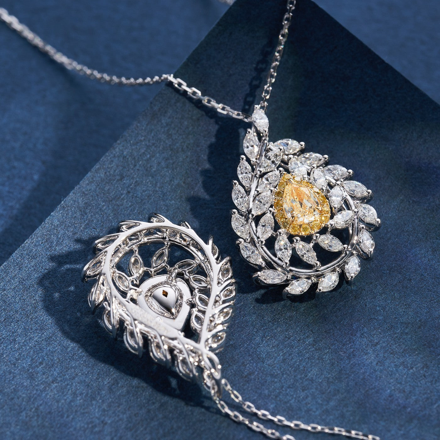 14K Yellow Diamond Water Drop Olive Branch Pendant