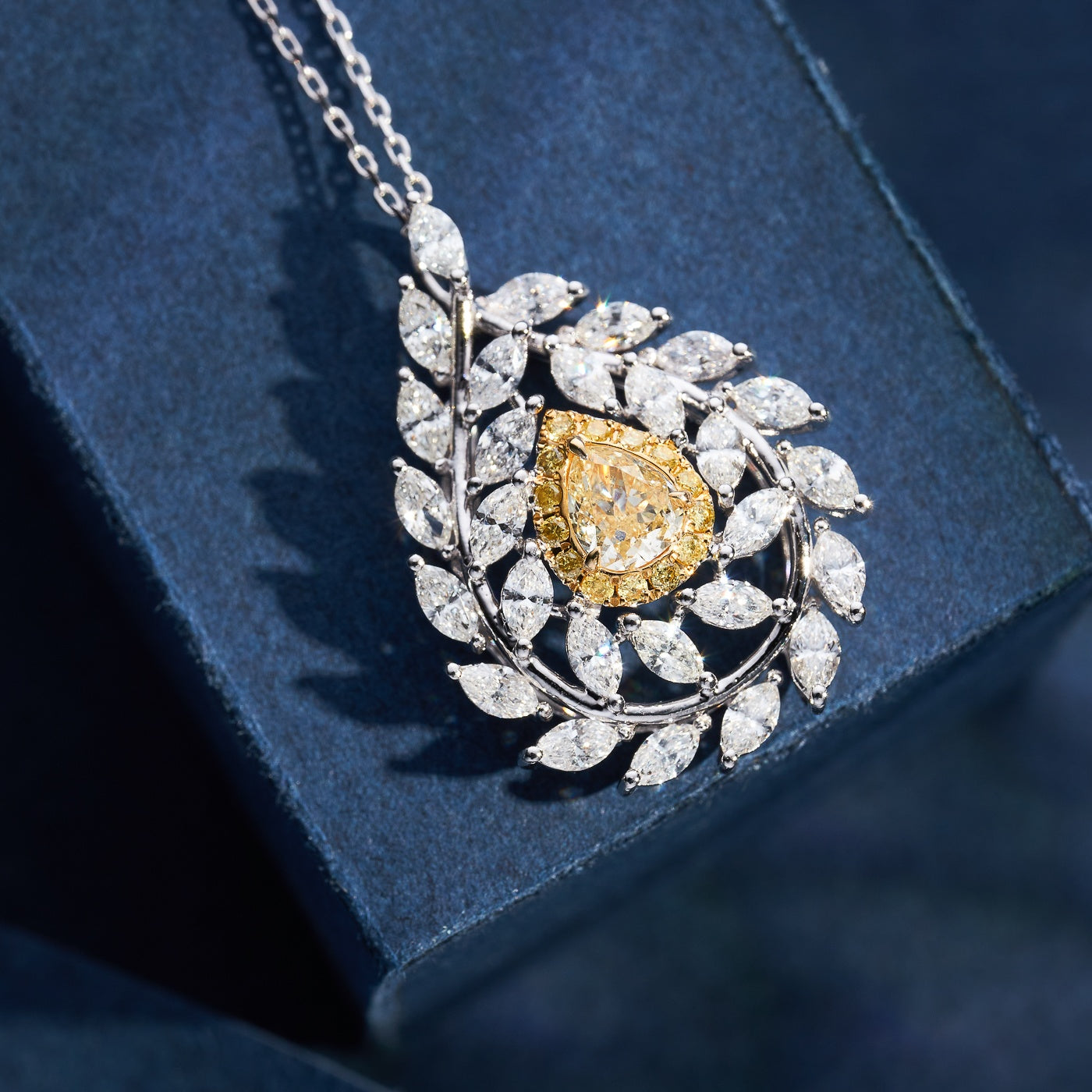14K Yellow Diamond Water Drop Olive Branch Pendant