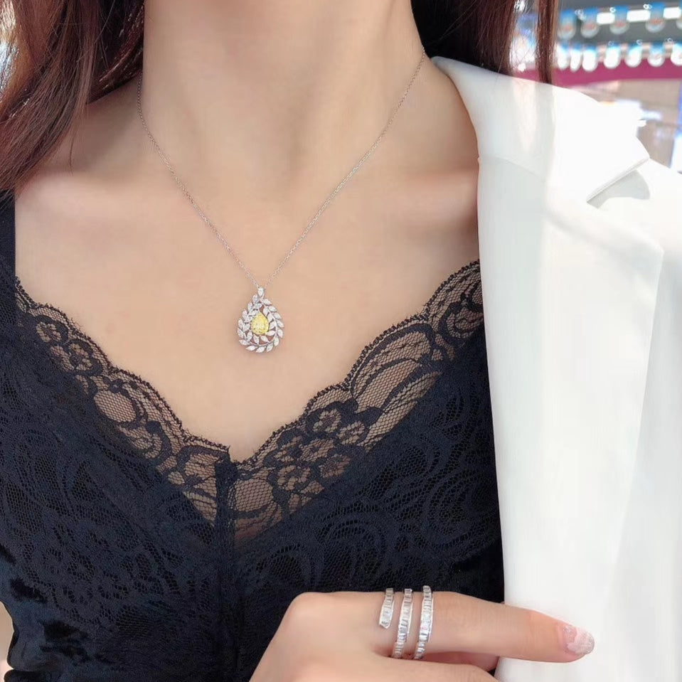 14K Yellow Diamond Water Drop Olive Branch Pendant