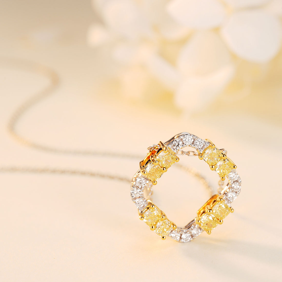 14K Yellow Diamond Square Pillow Pendant