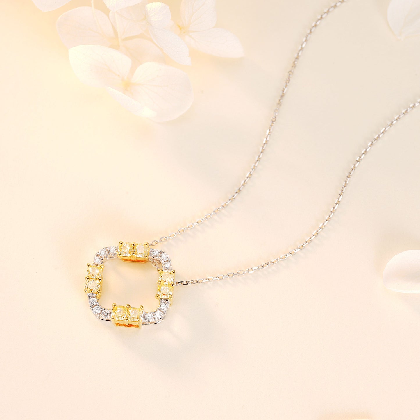 14K Yellow Diamond Square Pillow Pendant