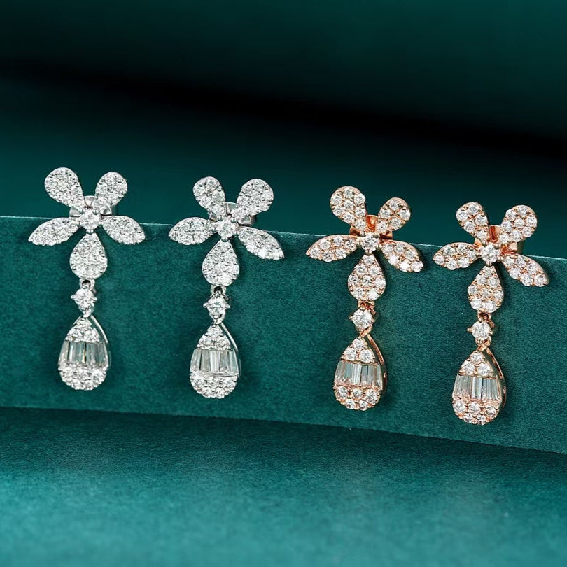 14K Lab Grown Diamond Five Flower Splicing T Earrings (Two Wear Version)