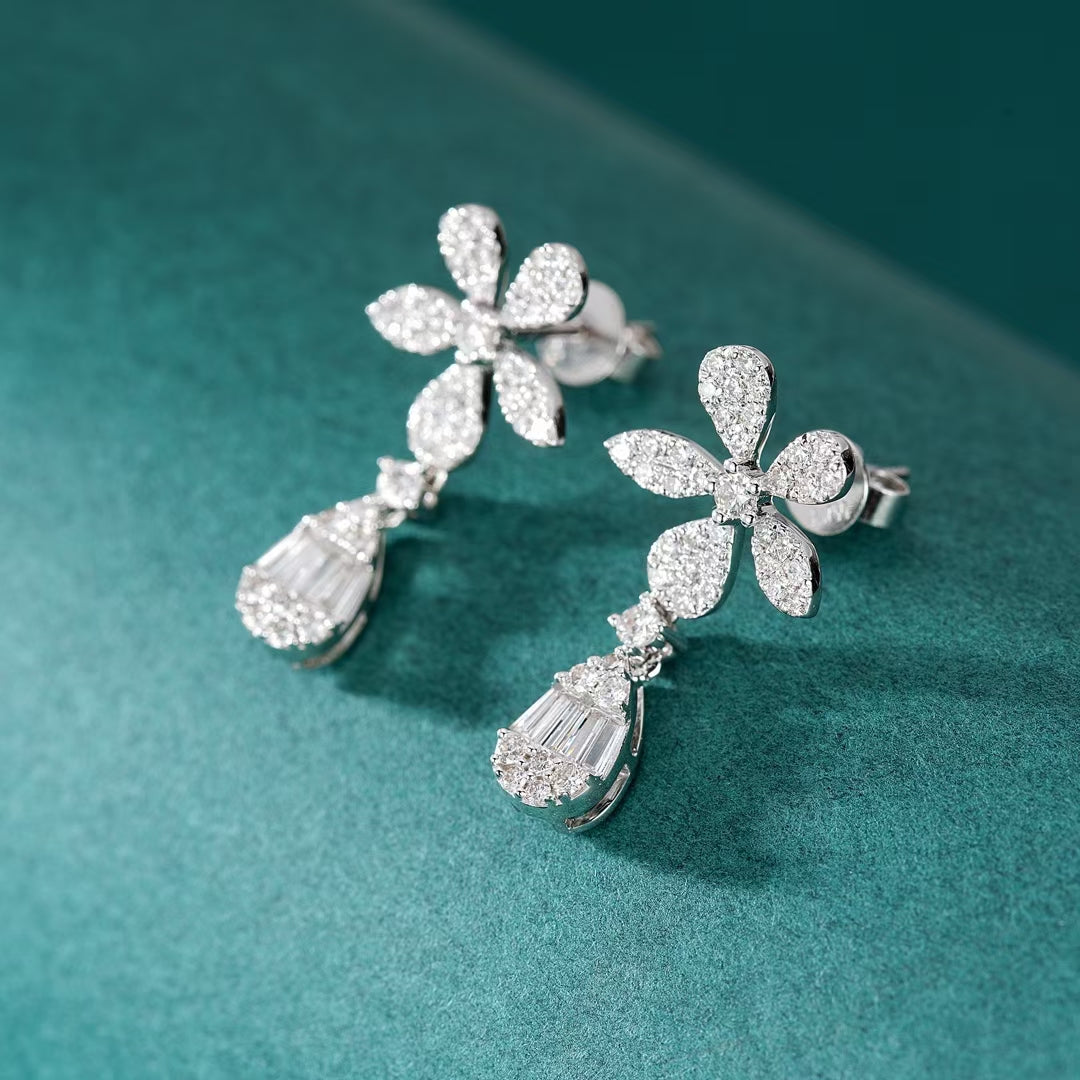 14K Lab Grown Diamond Five Flower Splicing T Earrings (Two Wear Version)