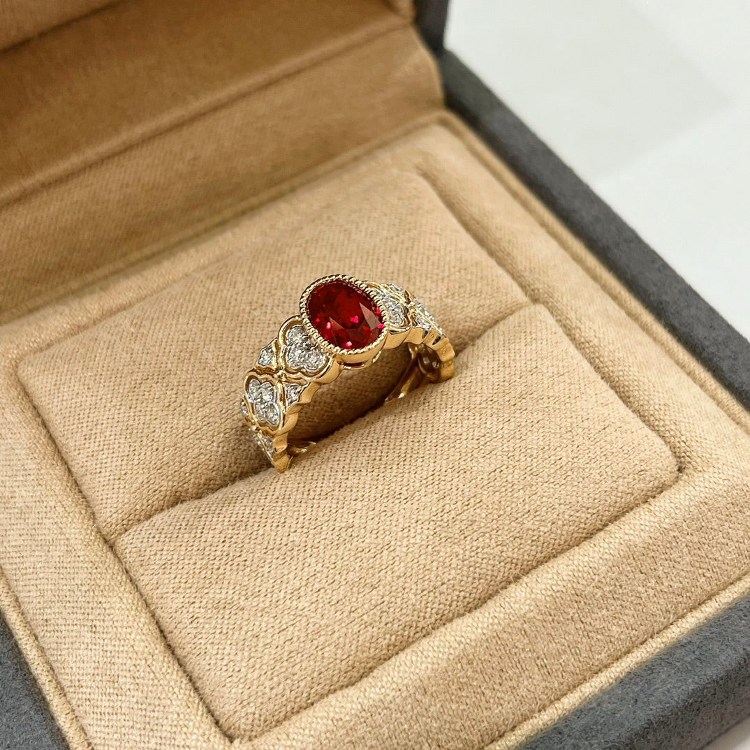 18K Gold Retro Style 1.6ct Oval Shaped Lab Grown Ruby Ring