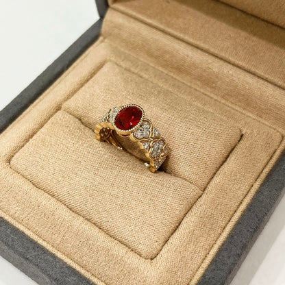 18K Gold Retro Style 1.6ct Oval Shaped Lab Grown Ruby Ring