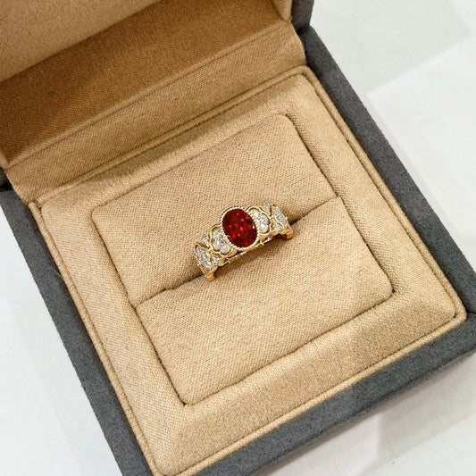 18K Gold Retro Style 1.6ct Oval Shaped Lab Grown Ruby Ring