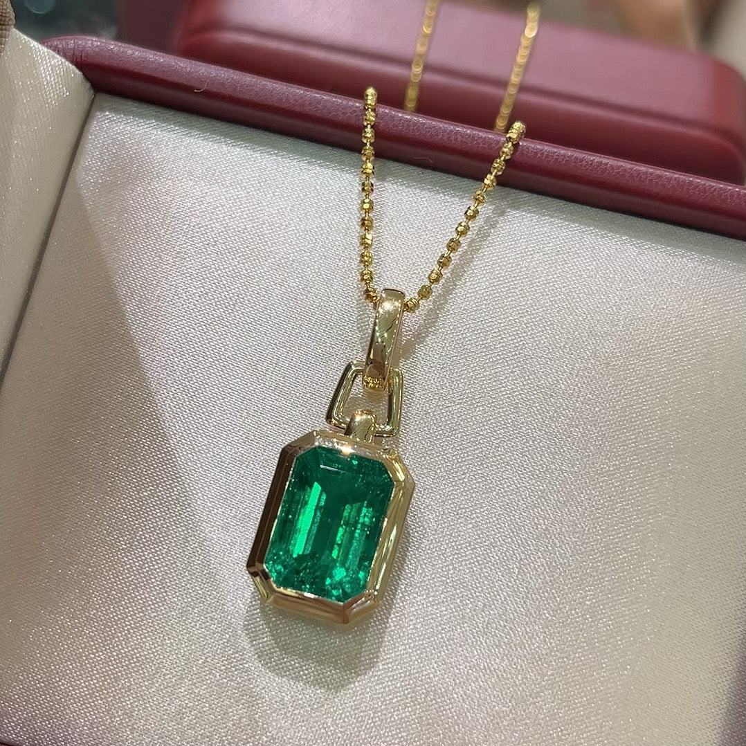 14K Gold 7.45ct Emerald Cut Lab Grown Emerald Pendant