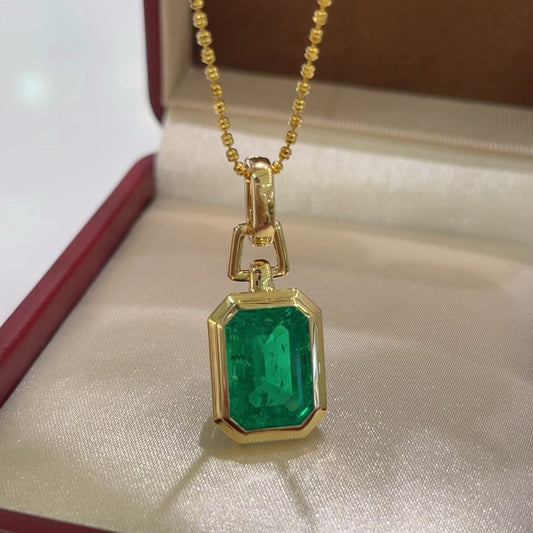 14K Gold 7.45ct Emerald Cut Lab Grown Emerald Pendant