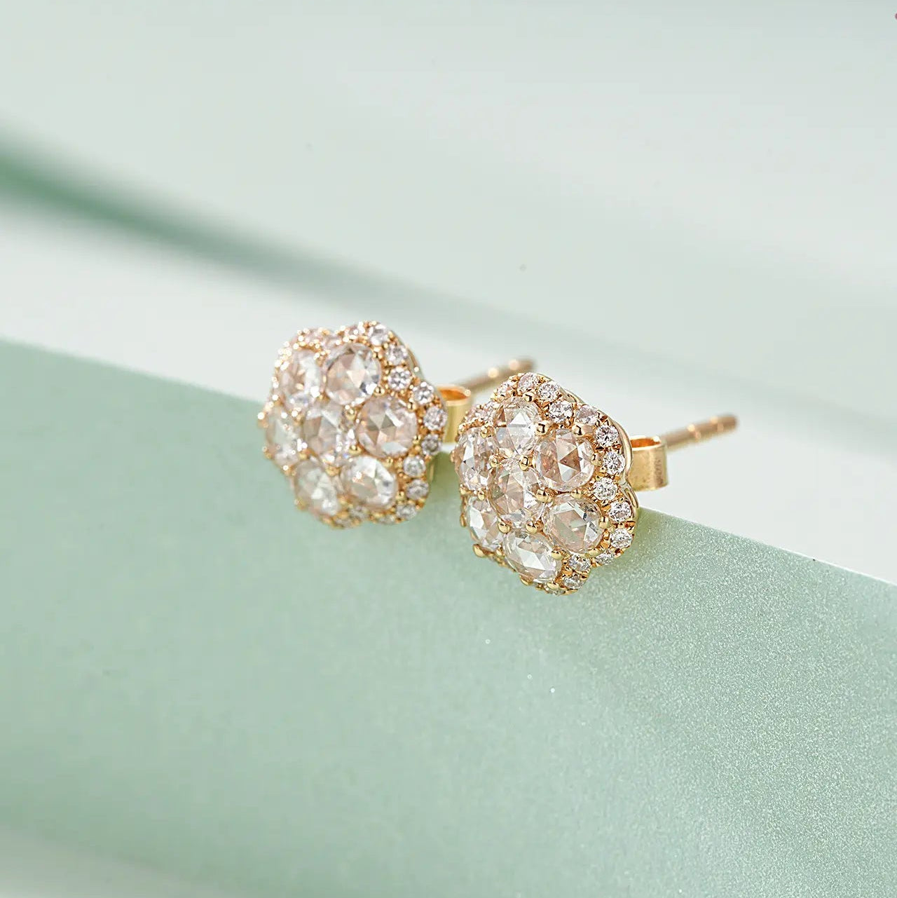 14K Gold Retro Rose Cut Round Earrings