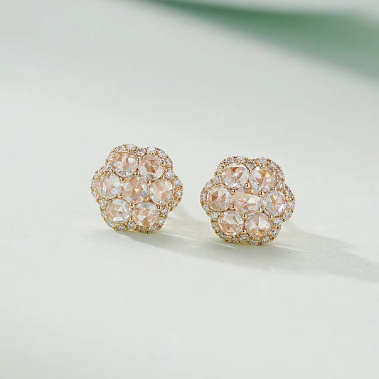 14K Gold Retro Rose Cut Round Earrings