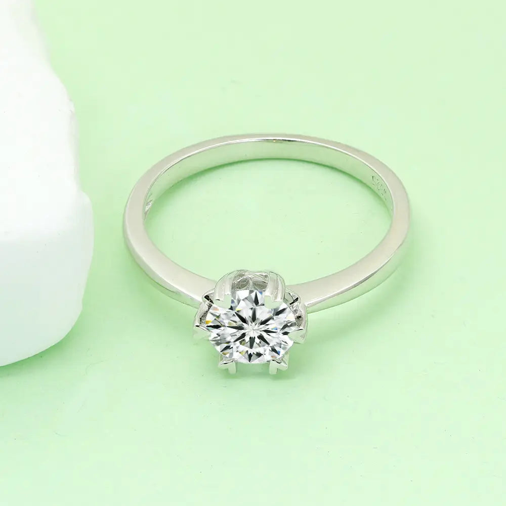 S925 Silver Simple Style 1ct Round Lab Grown Diamond Heart Six‑Prong Ring