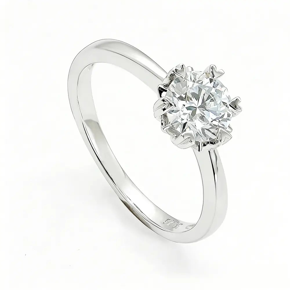 S925 Silver Simple Style 1ct Round Lab Grown Diamond Heart Six‑Prong Ring