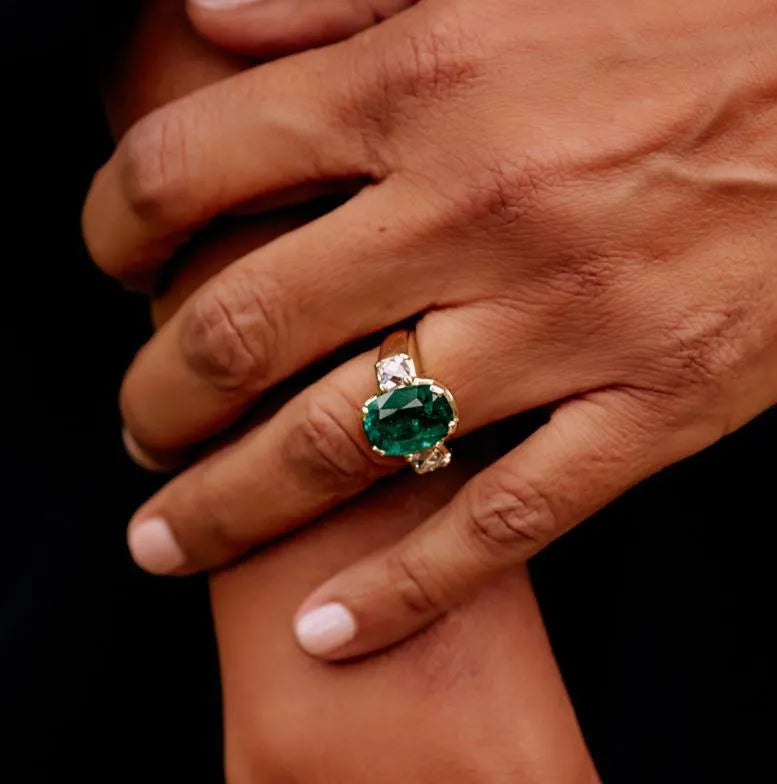 Luxury Lab Grown Emerald & Blue Sapphire Color Gemstone Ring| 18K Gold Plated S925 Sterling Silver