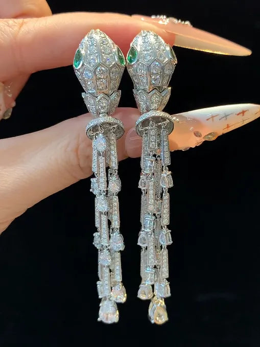 18k Lab Diamond & Natural Tsavorite Snake Head Tassel Earrings
